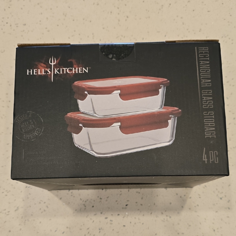 Hell's Kitchen 4-Pcs Rectangular Glass Food Storage Set with Red Lids